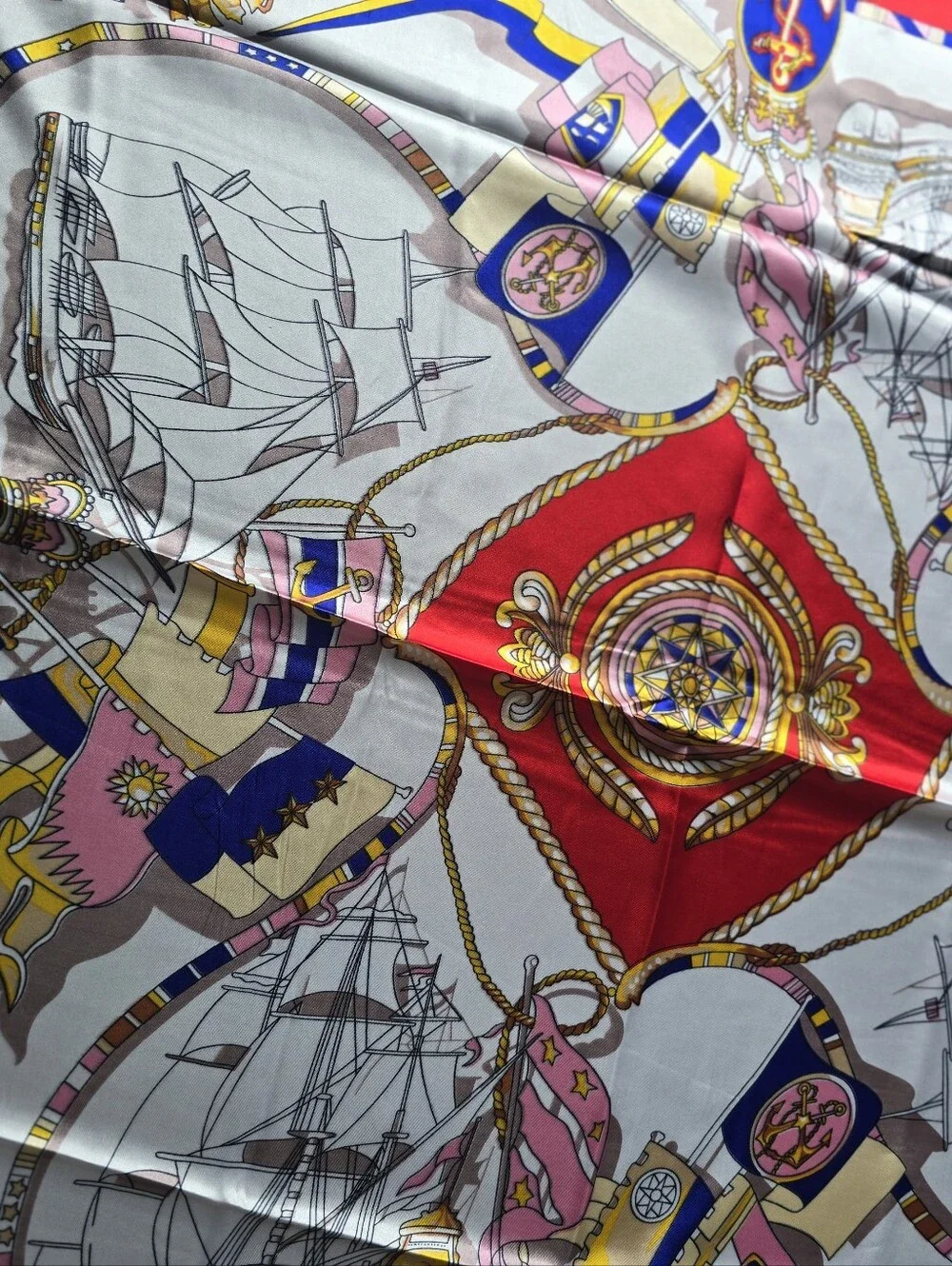 Large Square Silk Feel Scarf Nautical Ship Anchor Print Red White Blue Wrap 35